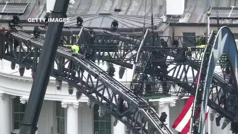 Construction is underway on the White House lawn for an octagon-shaped arena. (CNN, Getty...
